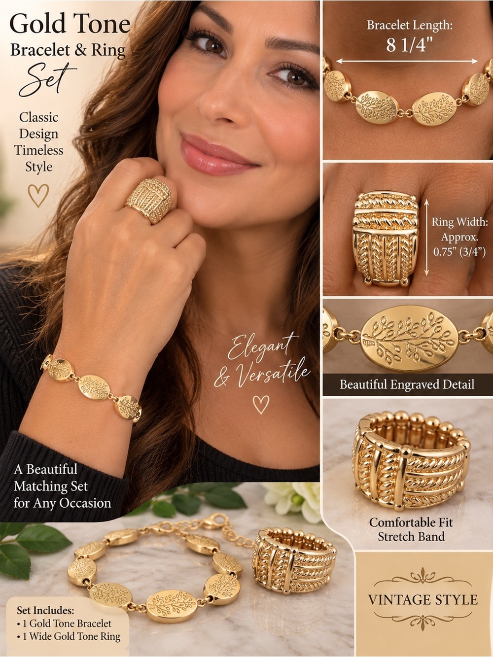 Gold-Tone Engraved Bracelet & Ring Set - Elegant Women's Jewelry